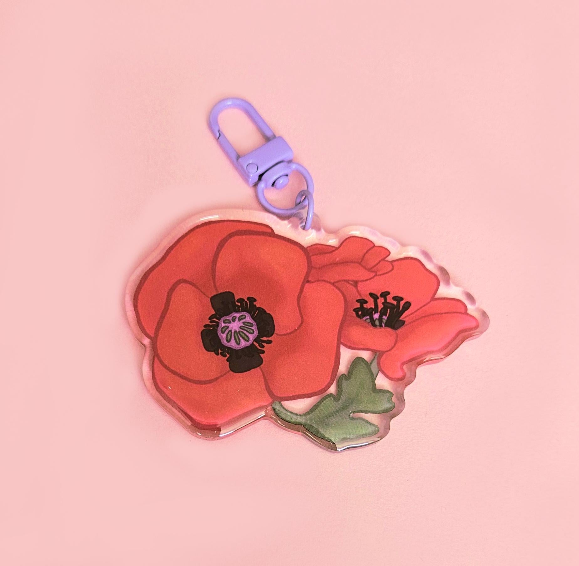 Poppy Flower Epoxy Keychain 3"