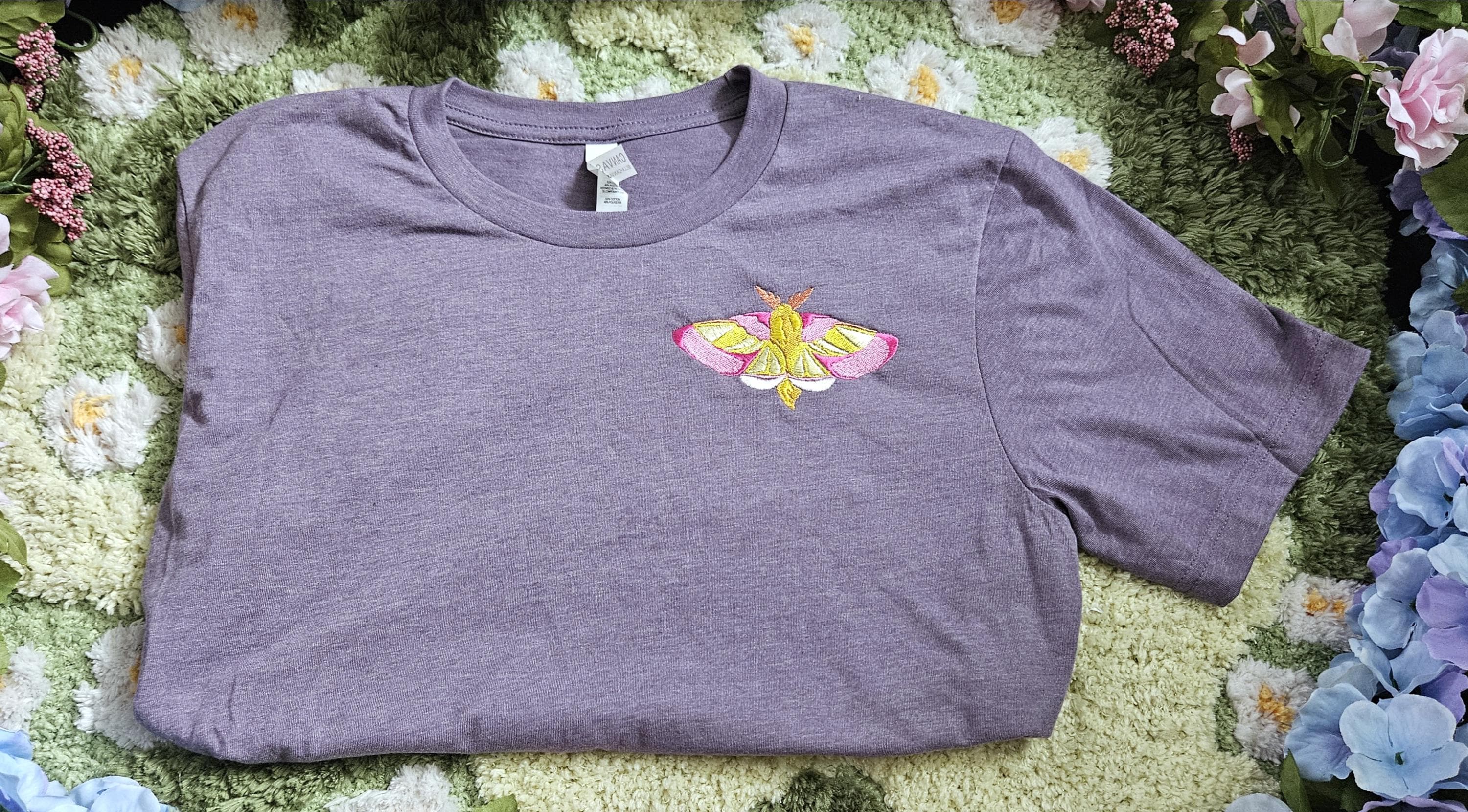 Embroidered Rosy Maple Moth Unisex T-shirt / Short Sleeved Cottagecore Shirt, Gifts for Bug Lovers, Nature Lover Apparel, Kawaii Insect