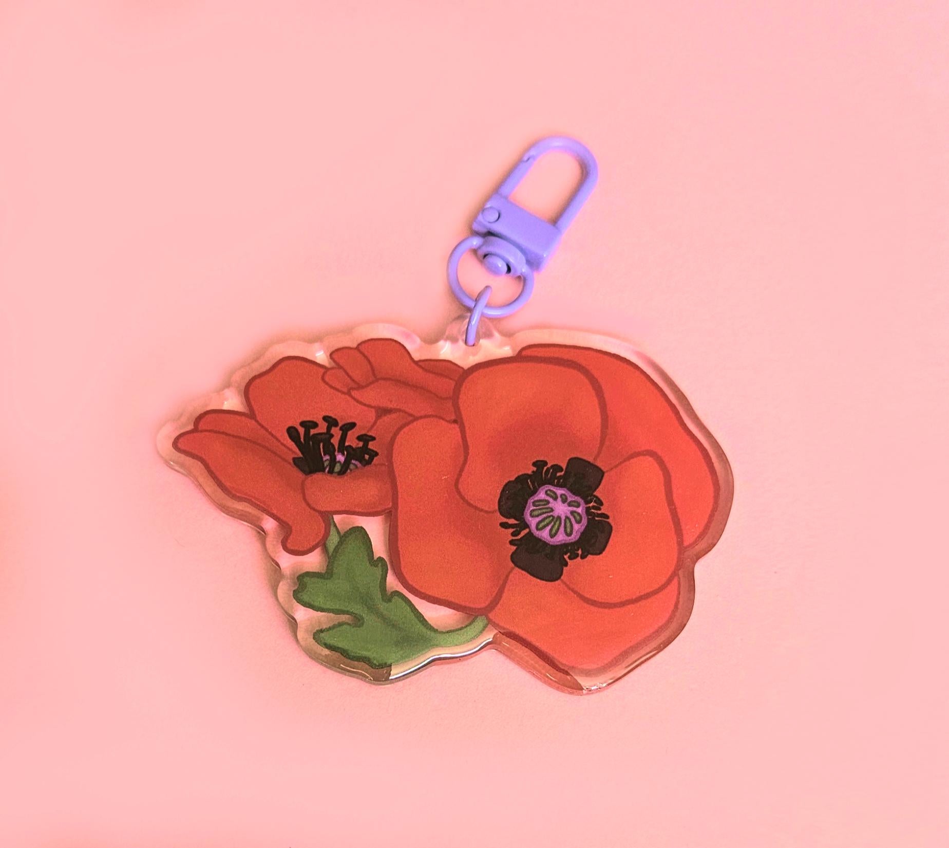 Poppy Flower Epoxy Keychain 3"