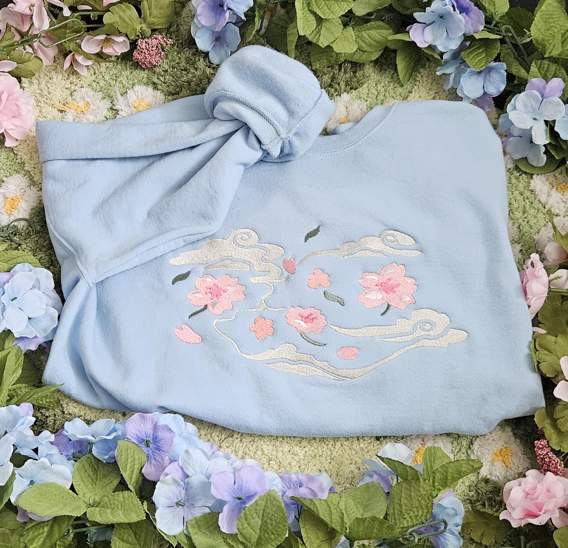 Embroidered Japanese Cherry Blossom Unisex Crewneck Sweater / Sakura Apparel, Asian Inspired, Long Sleeve Flower Shirt, Spring Attire