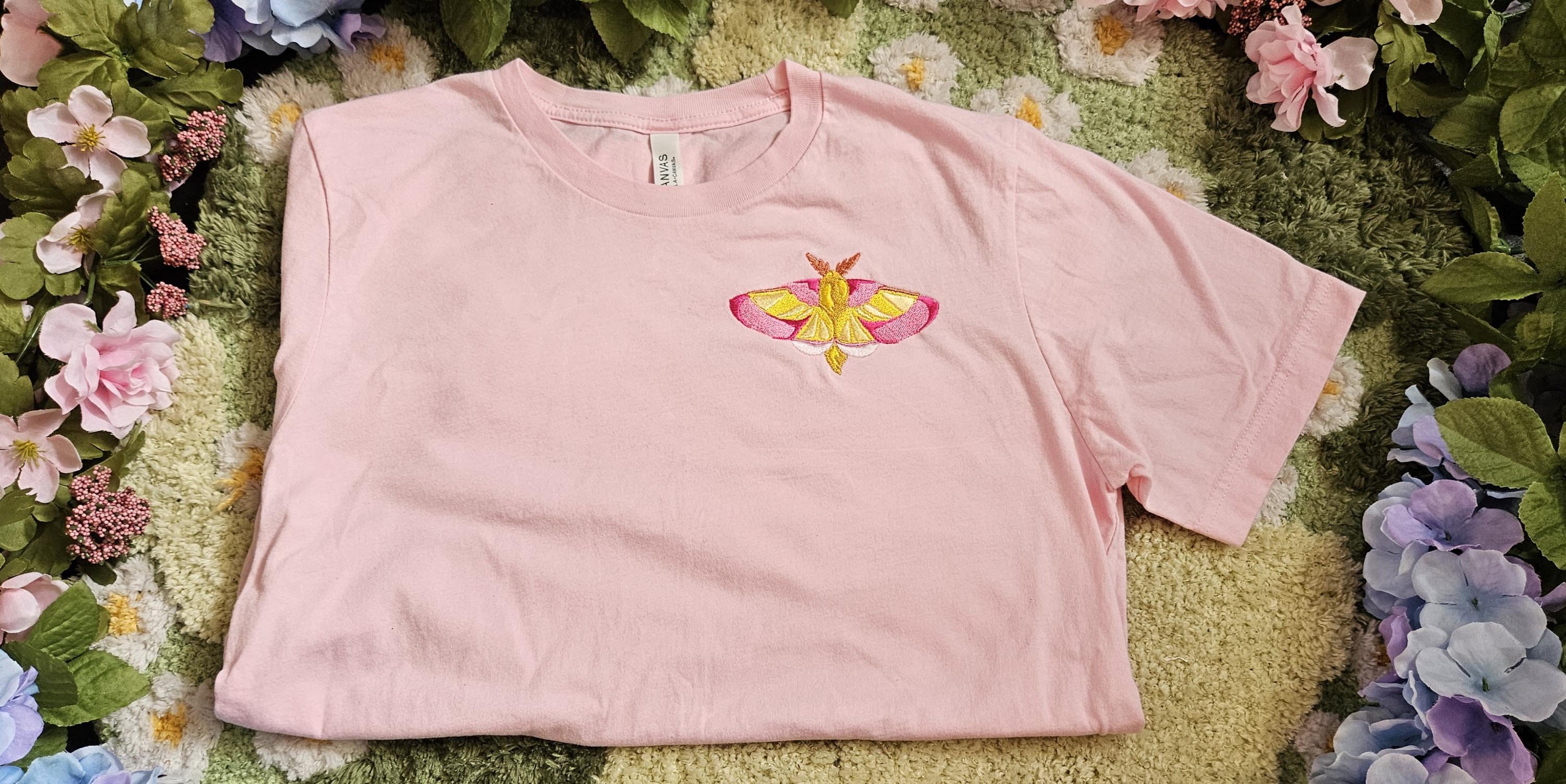 Embroidered Rosy Maple Moth Unisex T-shirt / Short Sleeved Cottagecore Shirt, Gifts for Bug Lovers, Nature Lover Apparel, Kawaii Insect