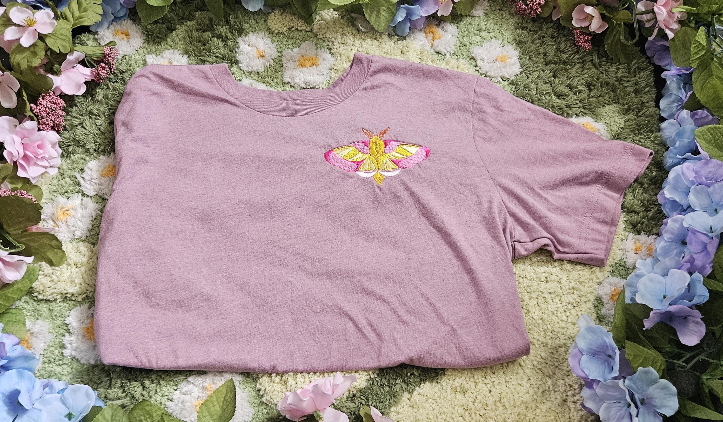 Embroidered Rosy Maple Moth Unisex T-shirt / Short Sleeved Cottagecore Shirt, Gifts for Bug Lovers, Nature Lover Apparel, Kawaii Insect
