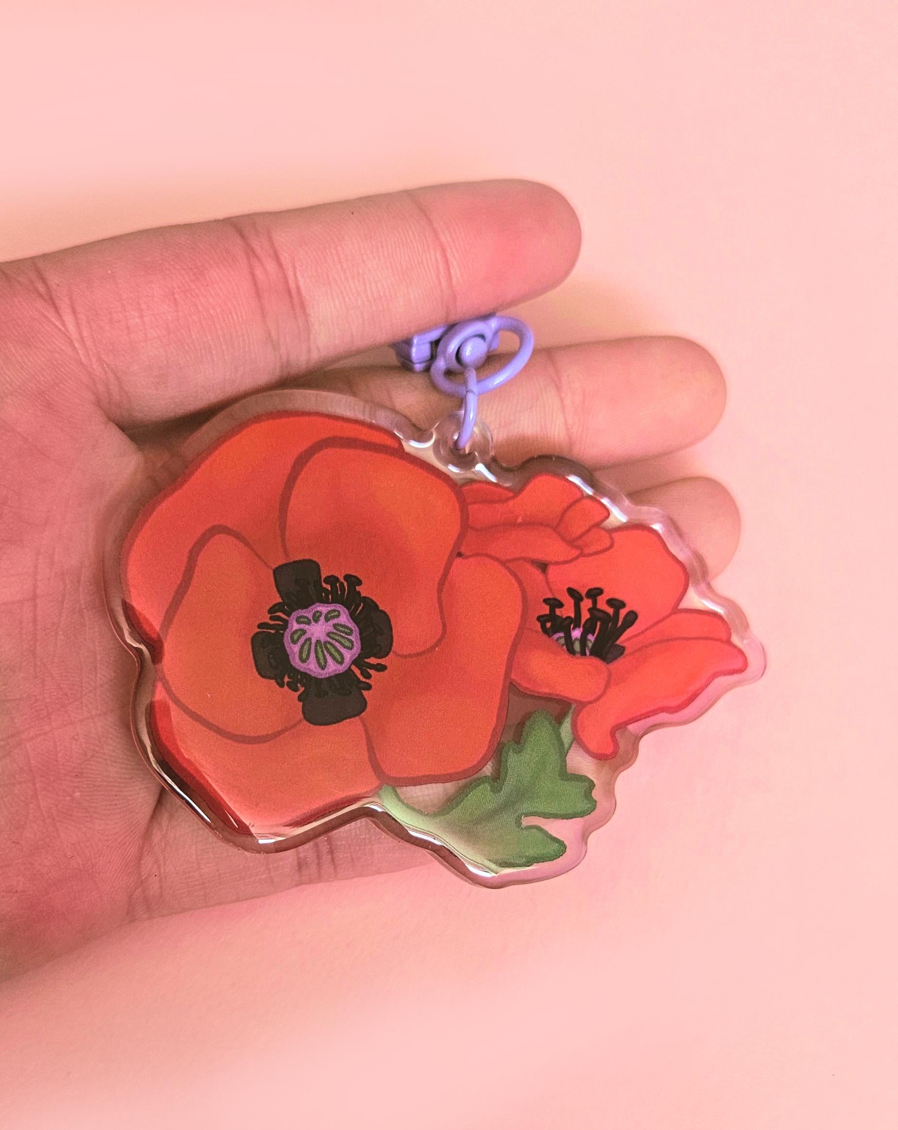 Poppy Flower Epoxy Keychain 3"