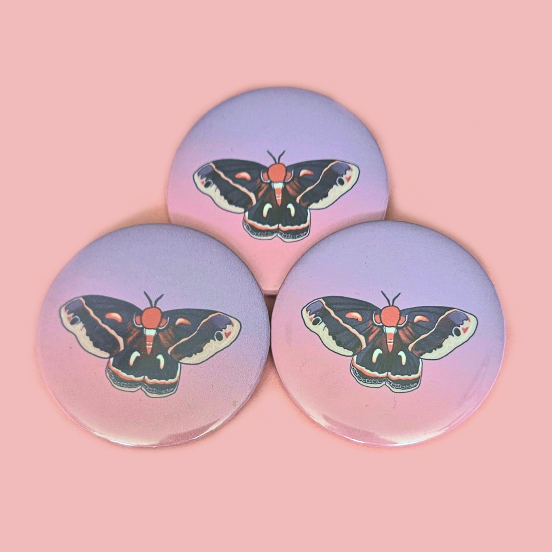 Colorful Moths Large Button 2.5"  / Io Moth, Atlas Moth, Rosy Maple Moth, Cecropia Moth, Emerald Moth,  Luna Moth