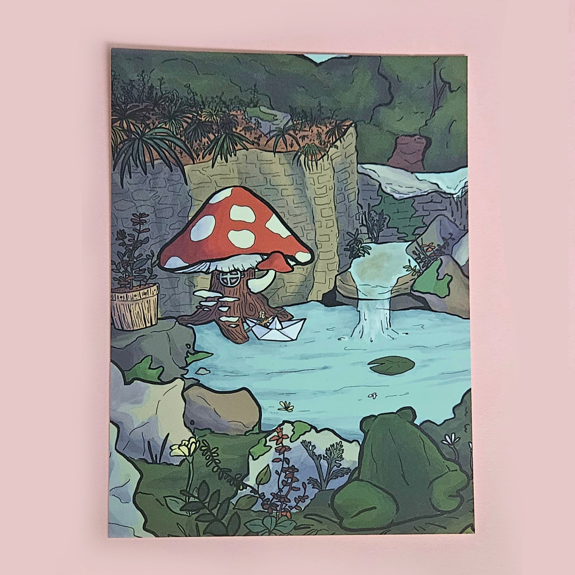 Cute Frog and Fairy Mushroom Cottage Core Small Art Print