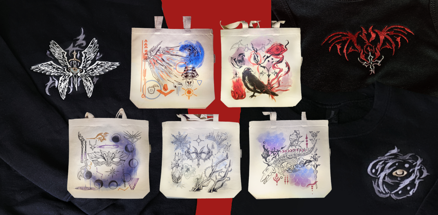 Embroidered Sweaters and Tanktops in the background with a cybersigilism theme and infront of them are love and deepspace inspired cotton totebags