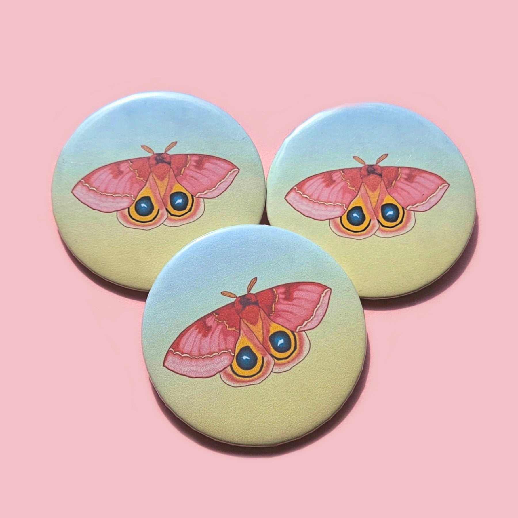Colorful Moths Large Button 2.5"  / Io Moth, Atlas Moth, Rosy Maple Moth, Cecropia Moth, Emerald Moth,  Luna Moth