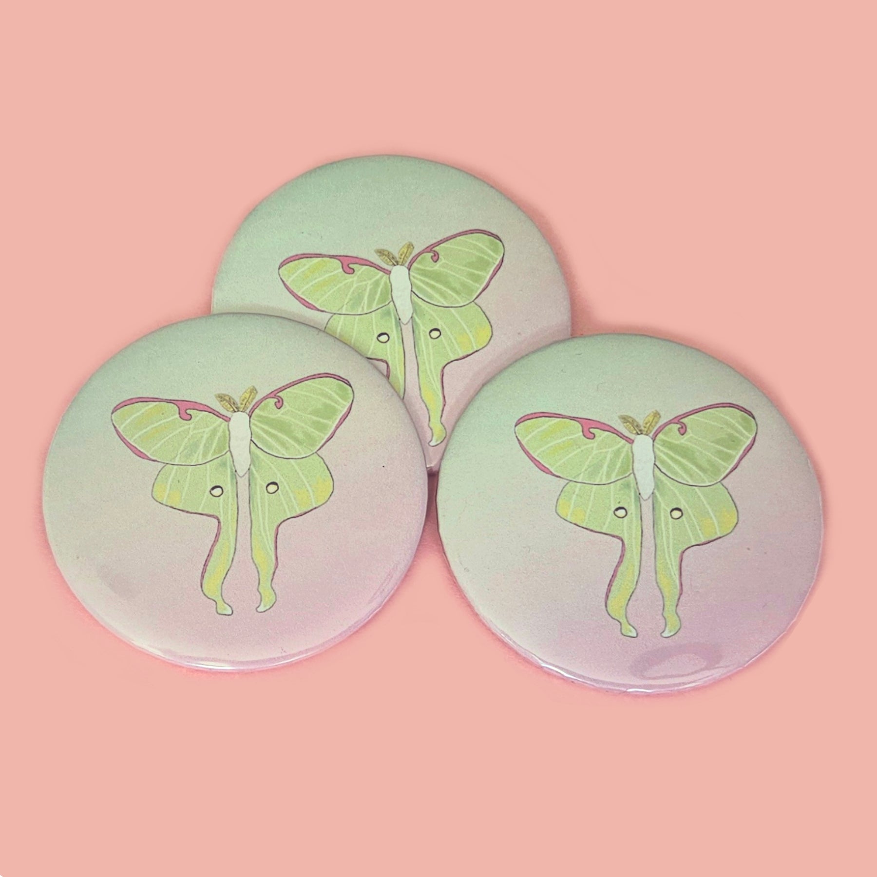 Colorful Moths Large Button 2.5"  / Io Moth, Atlas Moth, Rosy Maple Moth, Cecropia Moth, Emerald Moth,  Luna Moth