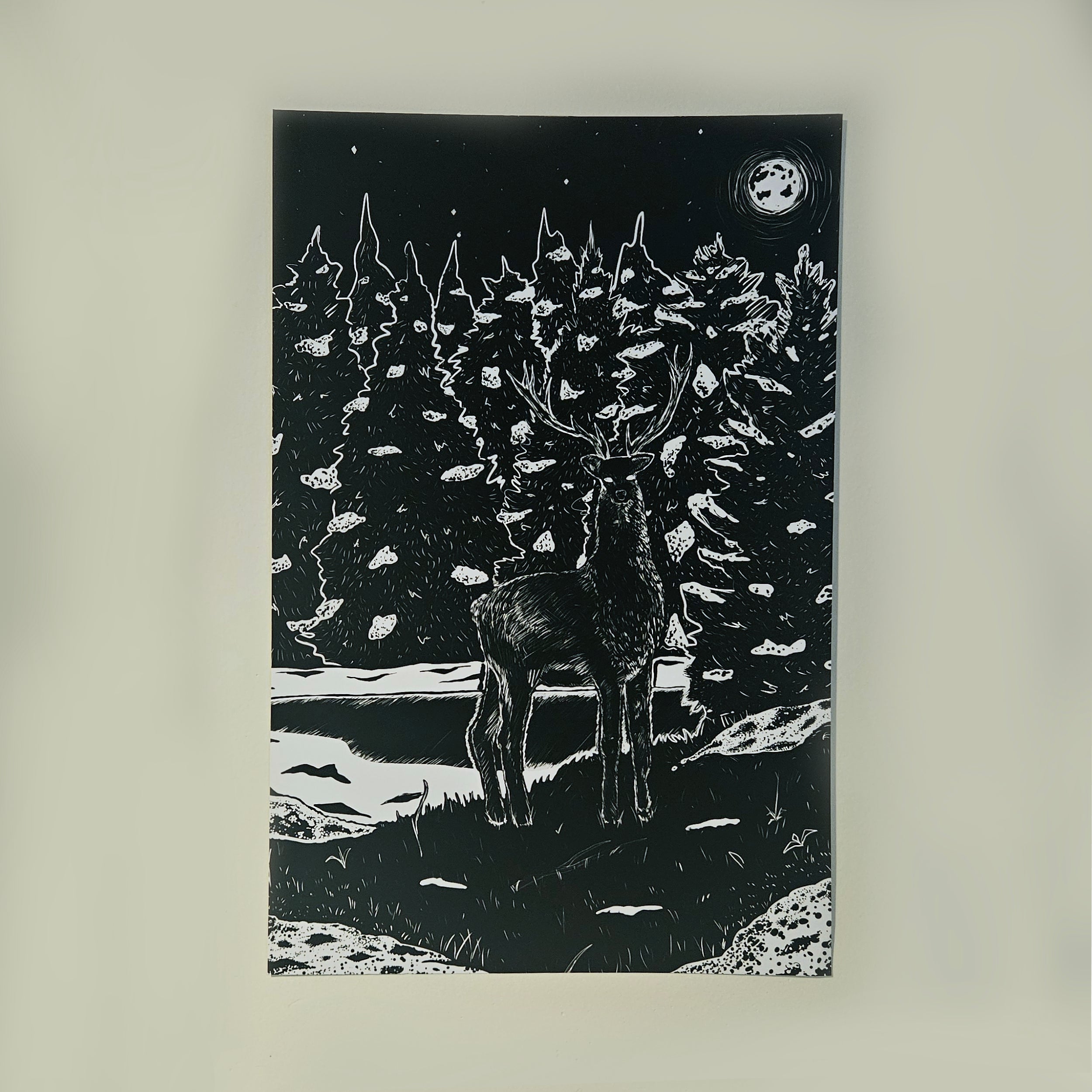 Monochromatic Moonlight Deer Art Print