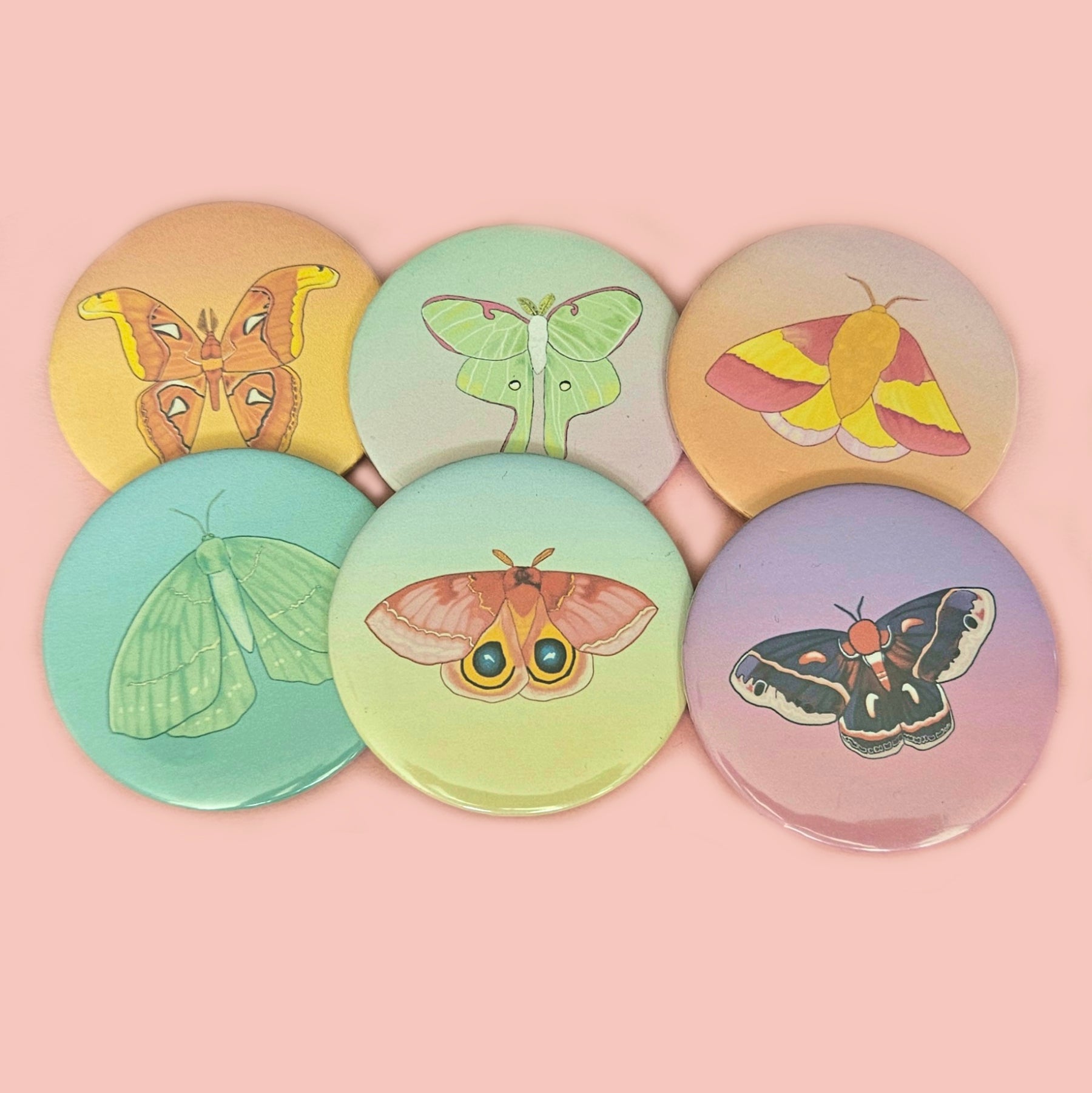 Colorful Moths Large Button 2.5"  / Io Moth, Atlas Moth, Rosy Maple Moth, Cecropia Moth, Emerald Moth,  Luna Moth