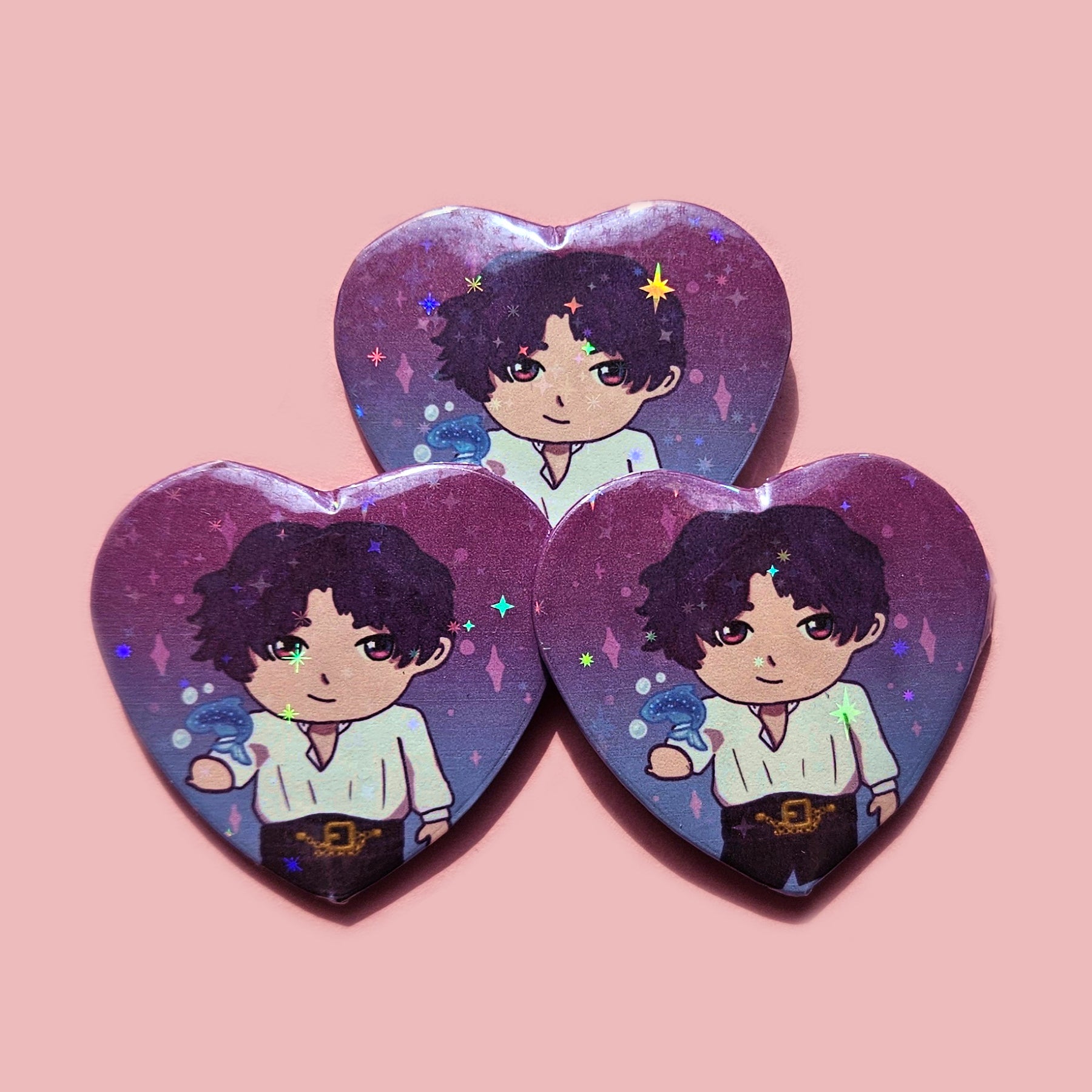 Love and Deepspace Large Holographic Heart Buttons 2.5" / Rafayel, Zayne, Xavier, Sylus, Caleb