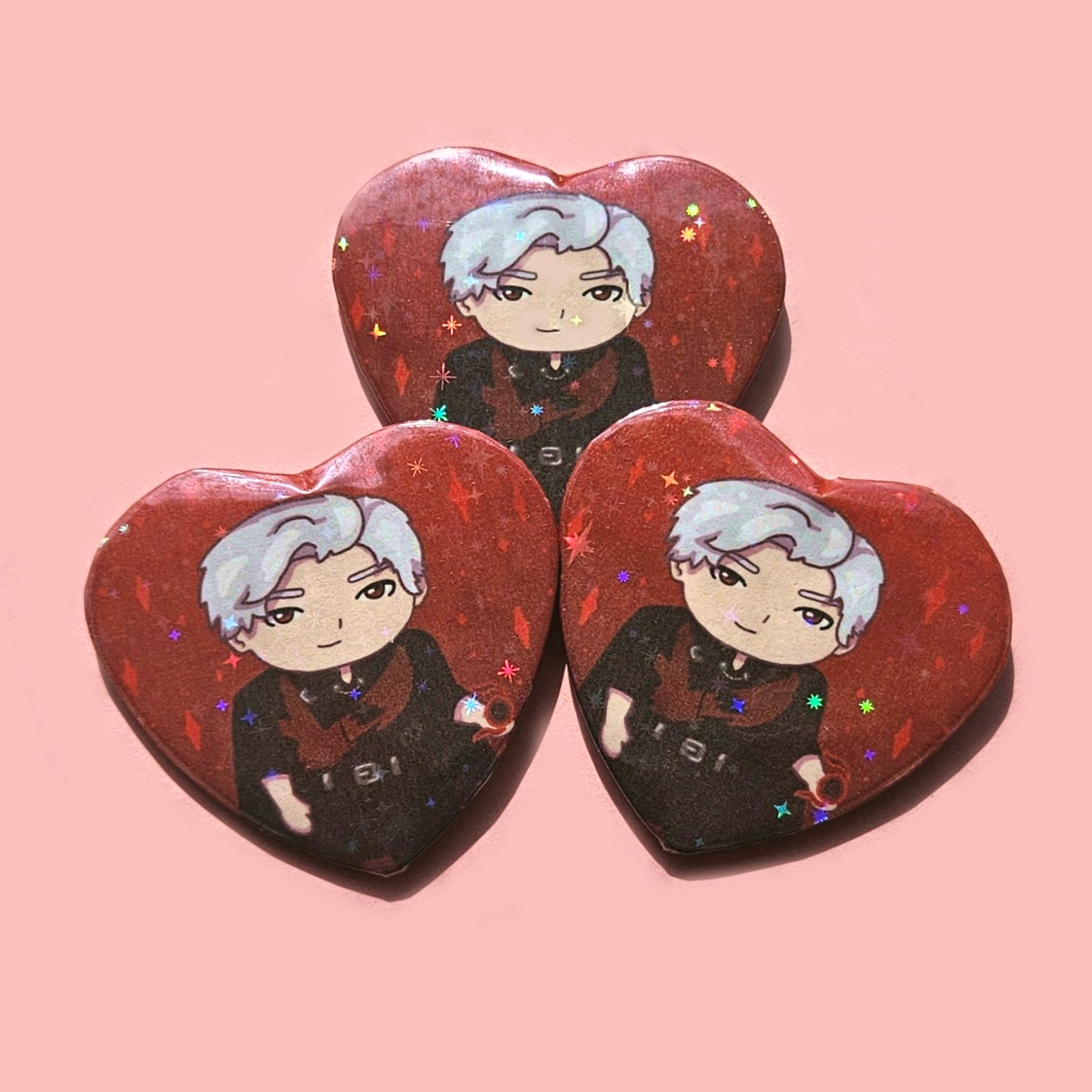 Love and Deepspace Large Holographic Heart Buttons 2.5" / Rafayel, Zayne, Xavier, Sylus, Caleb