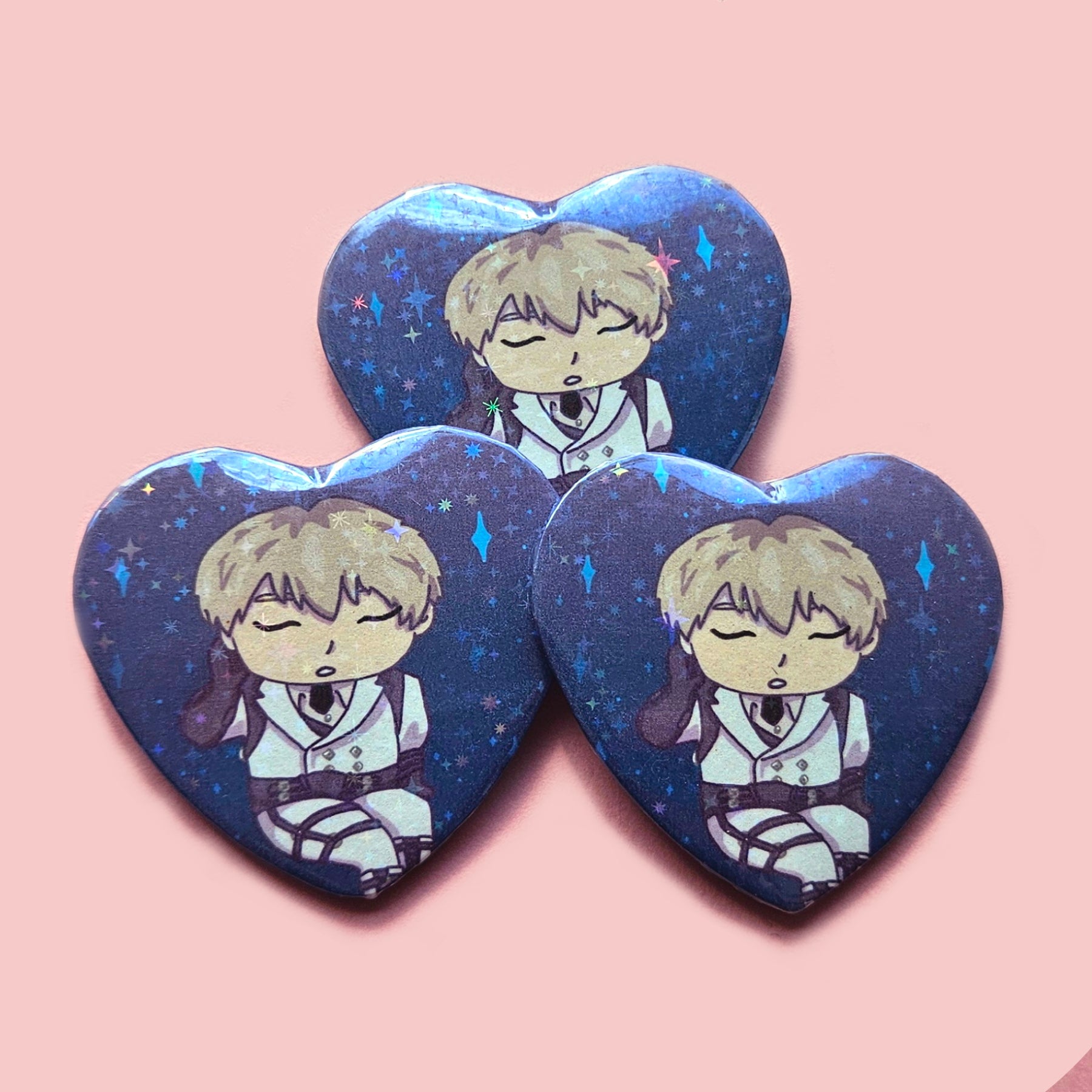 Love and Deepspace Large Holographic Heart Buttons 2.5" / Rafayel, Zayne, Xavier, Sylus, Caleb