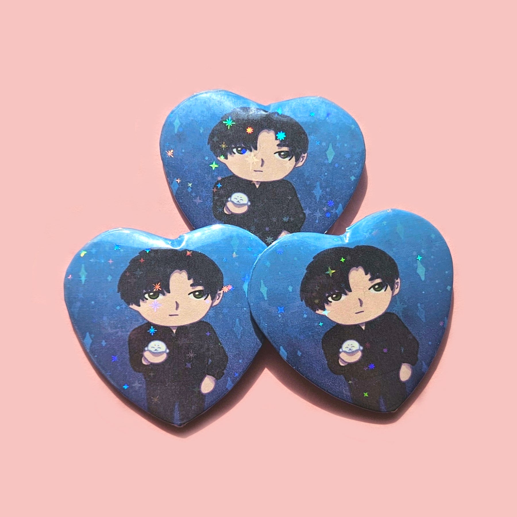 Love and Deepspace Large Holographic Heart Buttons 2.5" / Rafayel, Zayne, Xavier, Sylus, Caleb