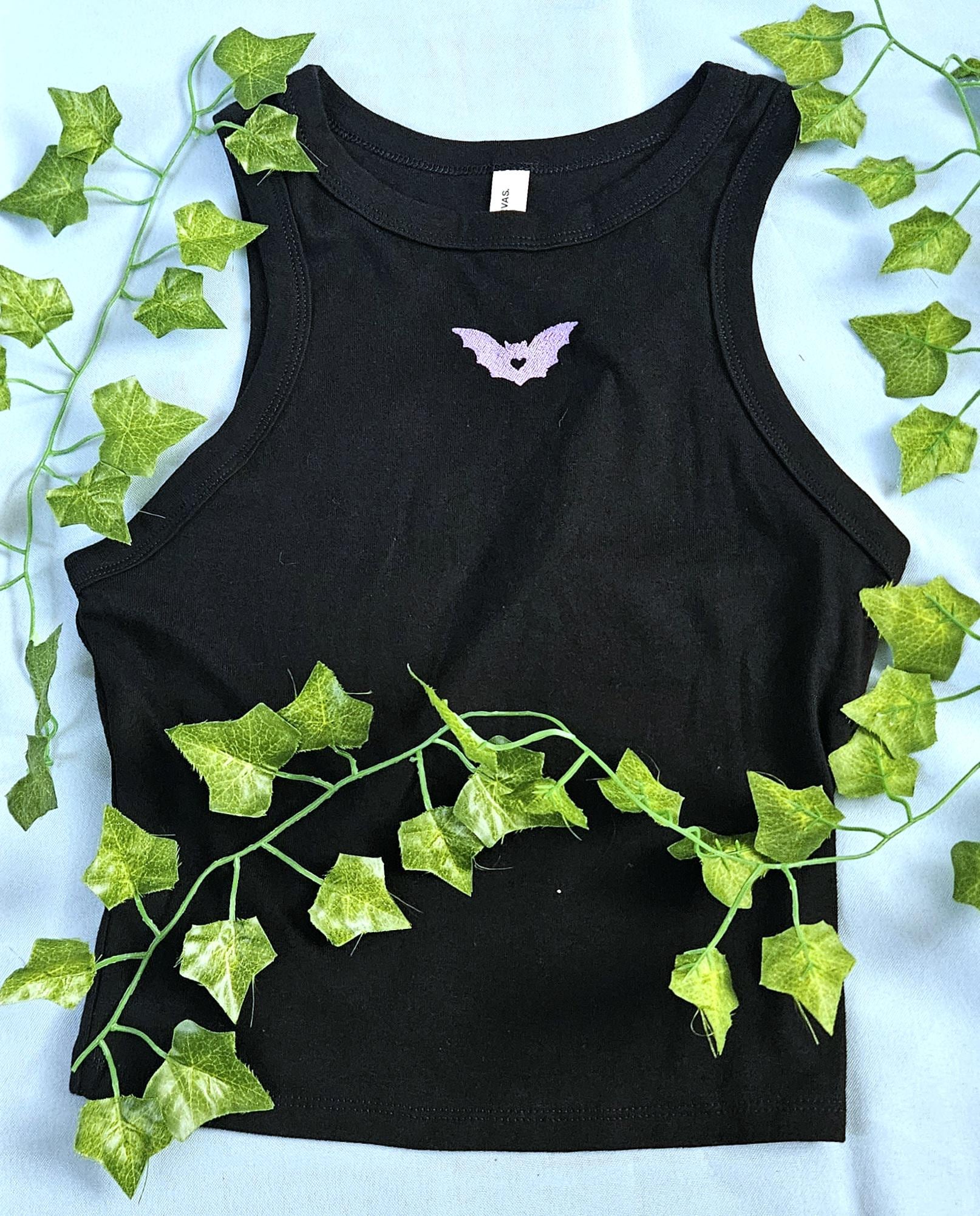 Embroidered Heart Bat Tank Top : Gothic Sleeveless Cropped Shirt